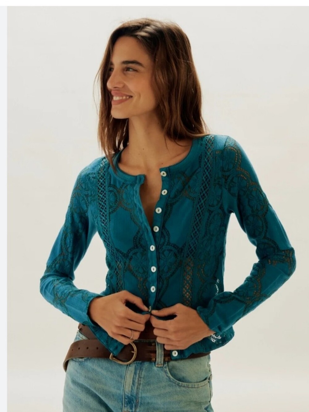 Free People Jae Top Teal Lace Long Sleeve